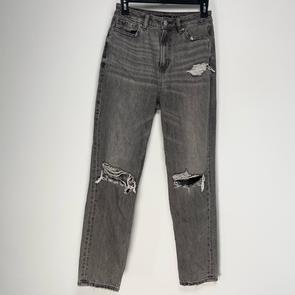 American Eagle Grey Mom Jeans High Rise Ripped Distressed Minimal Grunge Indie 2